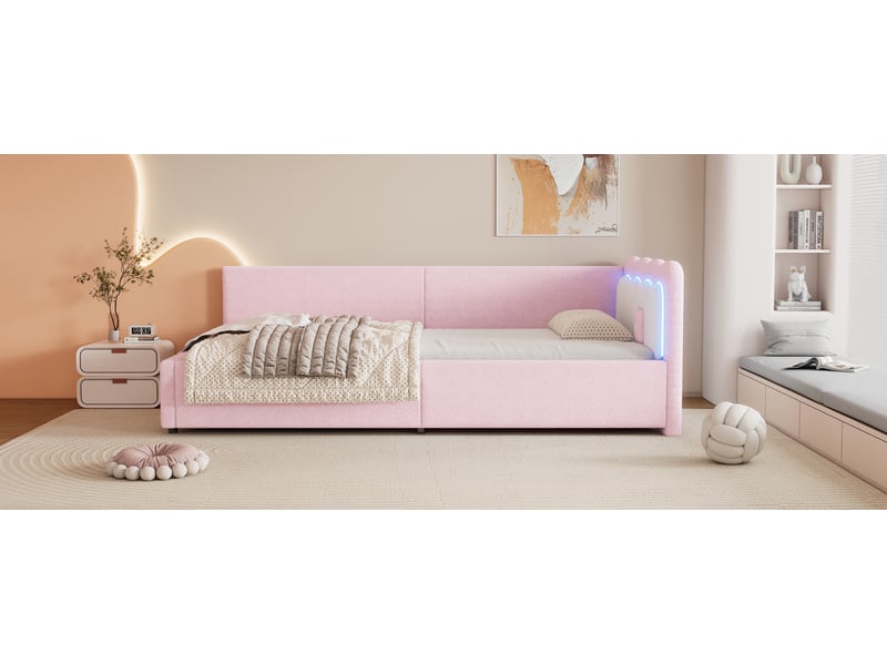  Lit banquette enfant 90x200 cm en velours rose avec led réglable et sommier à lattes  - Conforama W