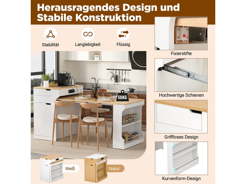 Îlot de cuisine 80x56.2x93 cm - extensible - grand rangement - sur roulettes - étagères réglables - avec tiroirs - mdf - gain de place - beige CozyNest - Conforama E