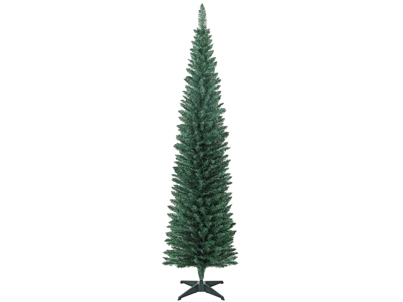  Sapin de noël artificiel mince de 210 cm avec 401 branches en forme de sapin, base en plastique, vert  - Conforama A