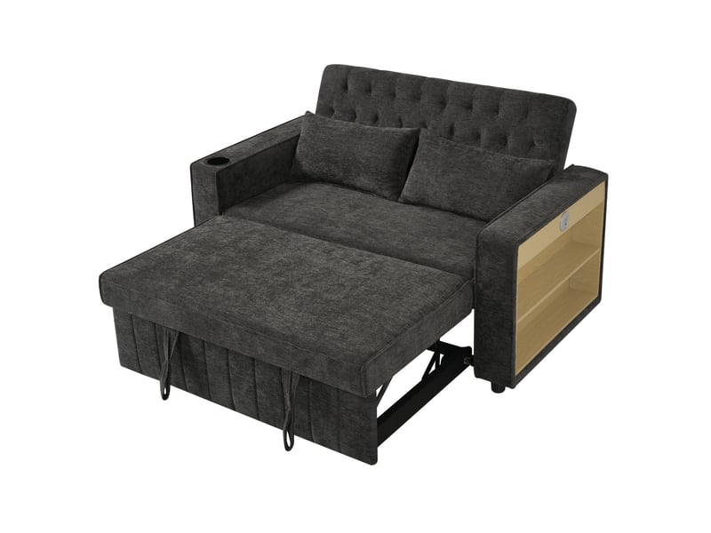 Canapé-lit 2 places 140x137 cm – gris – chenille, dossier réglable, usb, rangement et porte-gobelet - Conforama D