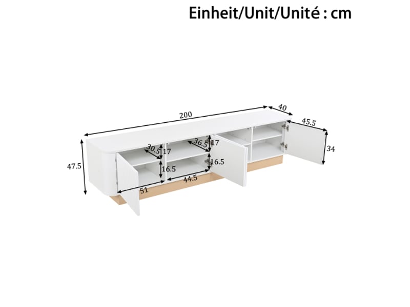  Meuble tv 200 cm – tv lowboard luxueux, 4 portes, grand rangement, étagères réglables, mdf, minimalisme moderne  - Conforama C