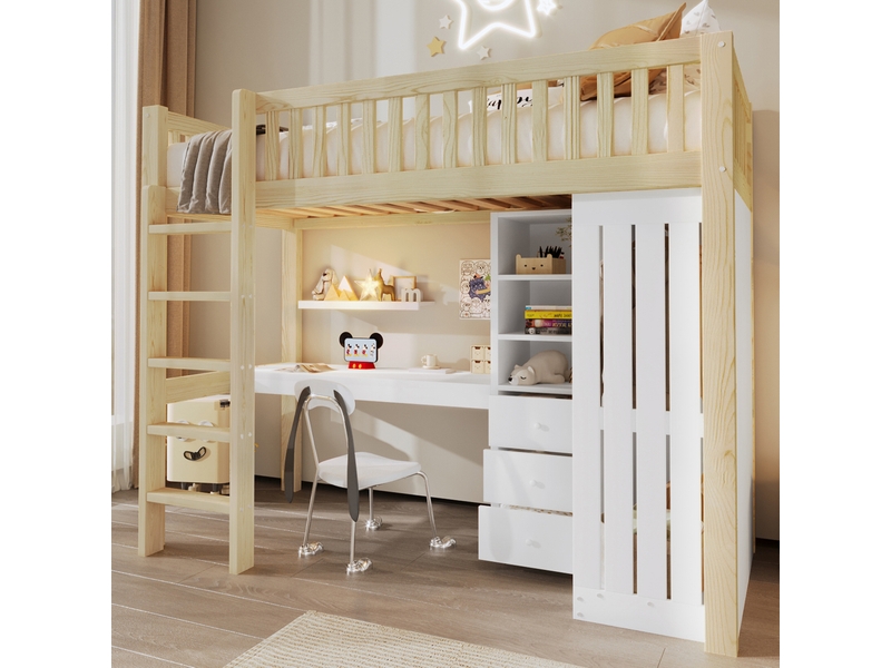  Lit mezzanine 90x200 cm avec bureau, armoire et 3 tiroirs blanc et naturel  - Conforama E