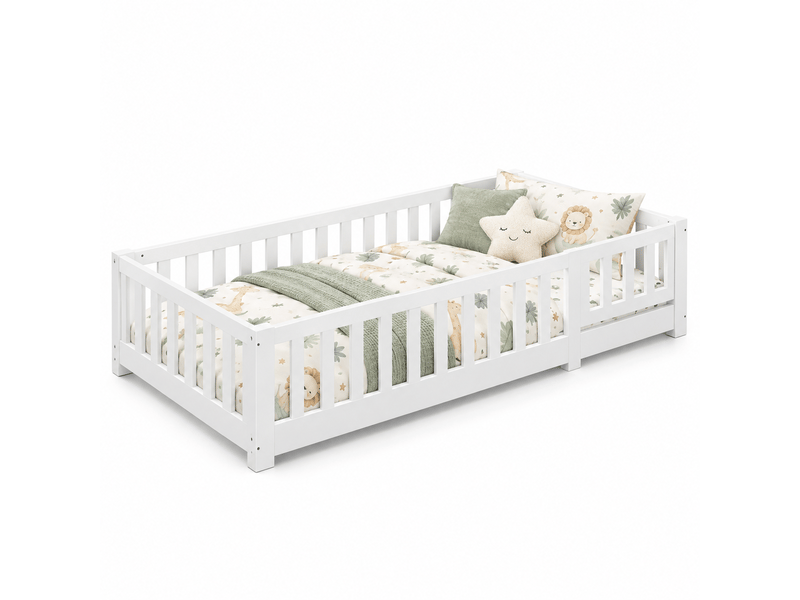 Lit au sol 90x190 cm, lit enfant montessori avec barrière de sécurité et sommier, bois massif pin, lit simple cabane 1 place, blanc - Conforama A