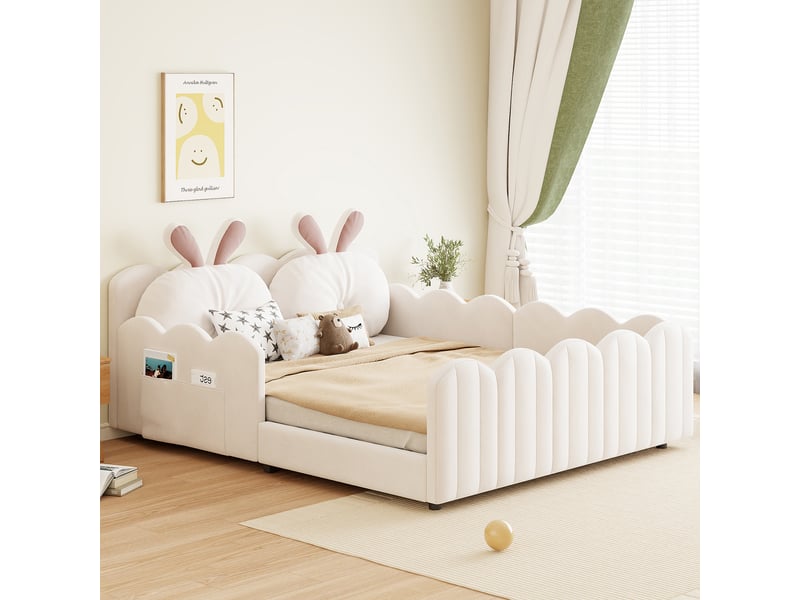  Lit plateforme rembourré 140 x 200 cm, lit double enfant avec tête de lit et coussin décoratif en forme de lapin pour chambre, coloris beige evarich - Conforama B