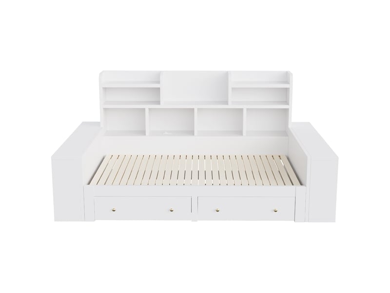  Lit enfant 90x200 cm extensible 180 cm, lit multifonctionnel avec rangement et led, bois blanc, sans matelas  - Conforama R