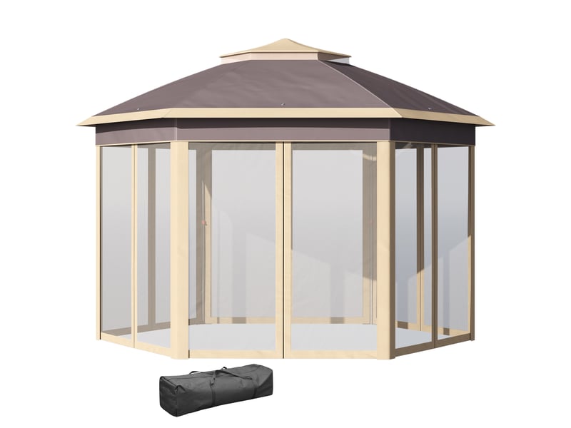  Gazebo de jardin hexagonal 4,05 x 3,4 x 2,85 m avec double toit, 6 moustiquaires amovibles, sac de rangement et traitement anti-uv beige  - Conforama B