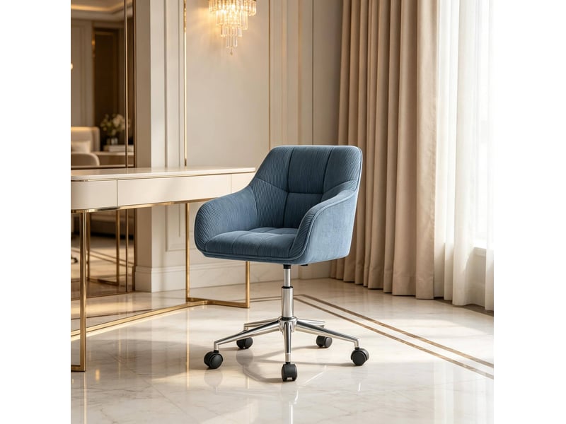  Chaise de bureau pivotante bleue en velours côtelé, réglable et à roulettes  - Conforama E