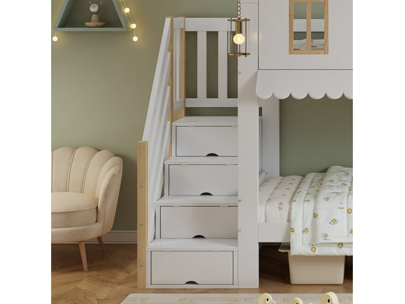 Lit superposé enfant 90x200 cm, rangement, escalier, fenêtres décoratives, structure mdf, blanc naturel, sans matelas  - Conforama E