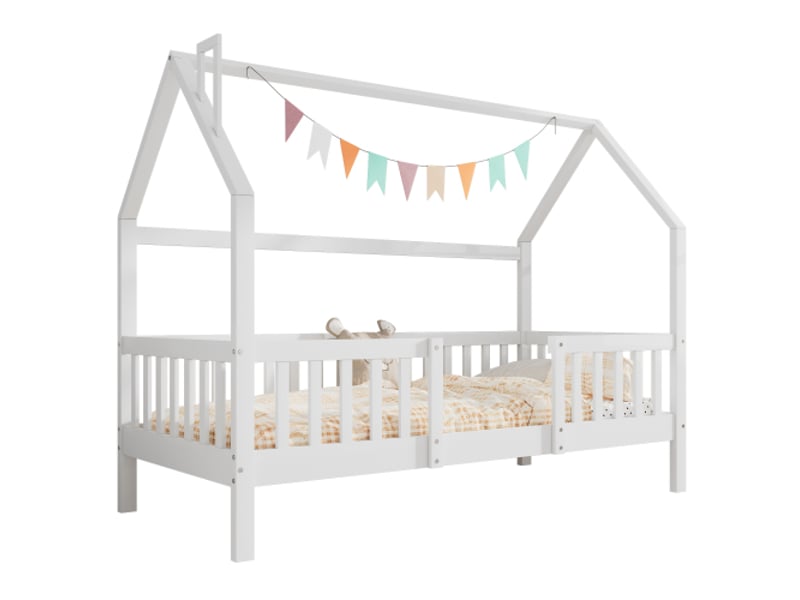  Lit cabane 90x200 cm, lit enfant avec sommier à lattes en pin, blanc, sans matelas  - Conforama A