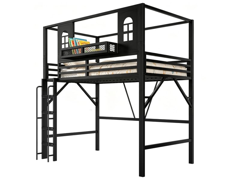  Lit mezzanine enfant 90x200 cm toit maison, 2 fenêtres, échelle avec main courante, métal et mdf, noir sans matelas  - Conforama A
