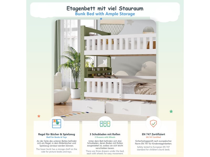  Lit superposé 90 x 200 cm bois blanc et vert échelle garde-corps de protection surélevé étagère latérale 3 tiroirs  - Conforama C