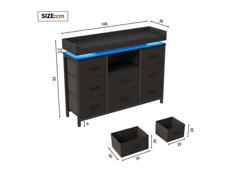  Commode 8 tiroirs - 108x30x82cm - meuble de rangement avec niche ouverte, bande led rgb réglable, style gamer - noir  - Conforama E
