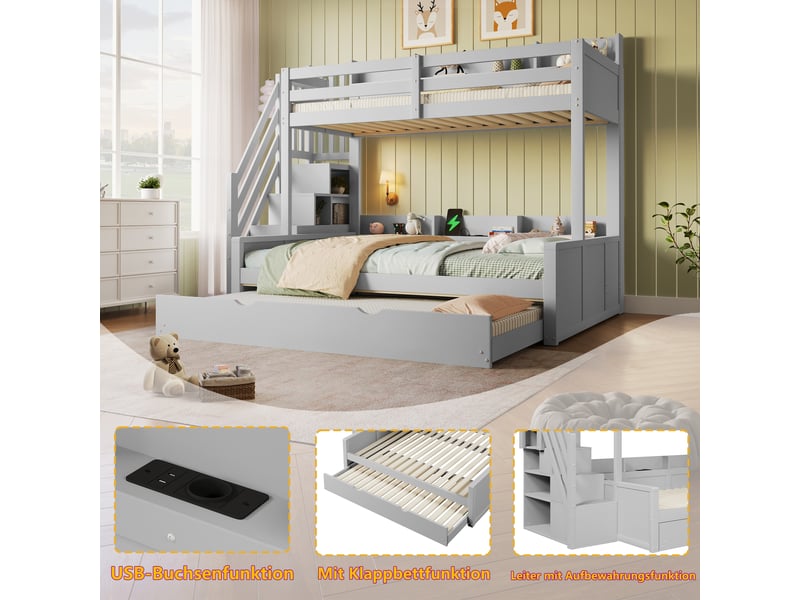  Lit superposé en bois 90 x 200 140 x 200 cm avec lit gigogne 90 x 190 cm, escalier de rangement, usb, gris  - Conforama D