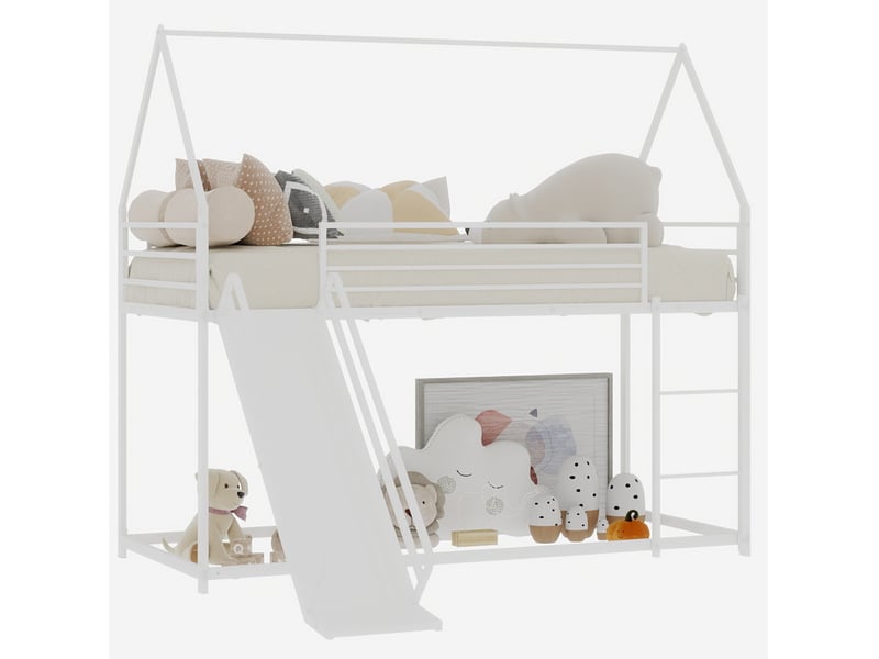  Lit superposé 90x190cm maison avec toboggan, garde-corps hauts, structure en fer stable, 1 sommier, blanc, sans matelas  - Conforama E