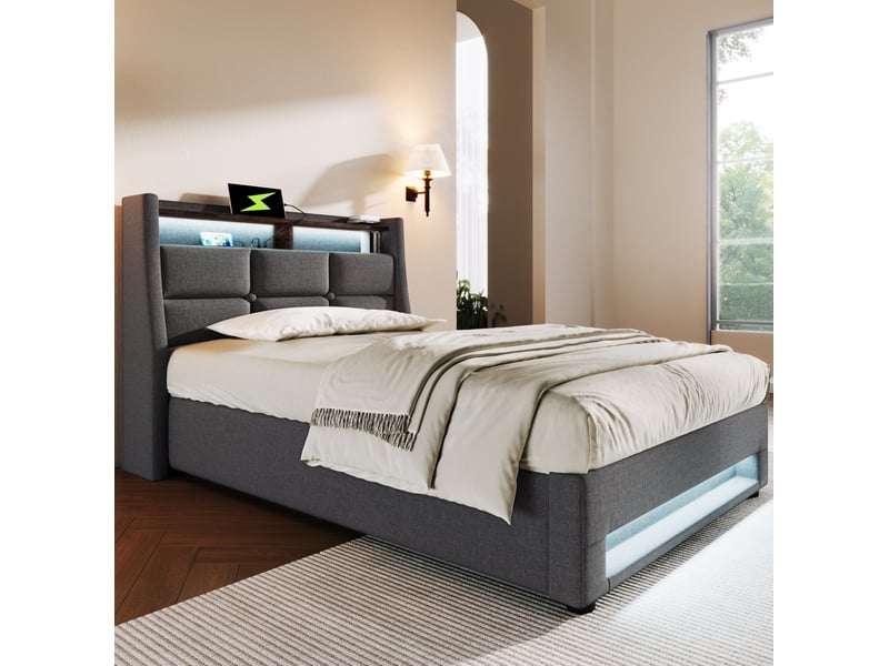 Lit simple enfant 90x200 cm – gris – coffre relevable, led réglable et usb intégrés, avec matelas 7 zones  - Conforama B