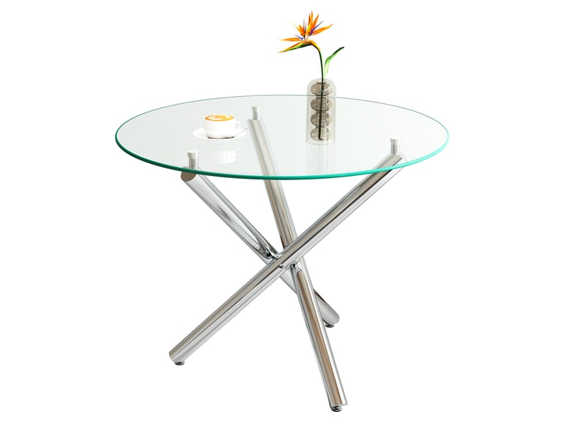 Table à manger ronde 80x80x77 cm, dessus en verre trempé, finition argentée, usage salon, séjour, pieds croisés métalliques - Conforama A