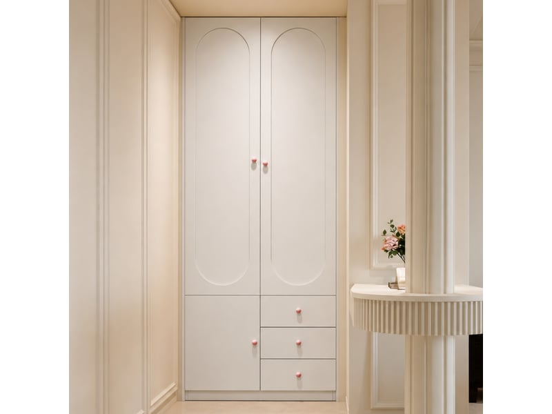 Armoire enfant 2 portes avec tiroirs, penderie, mdf blanc, poignées en céramique rose, finition laquée - Conforama B