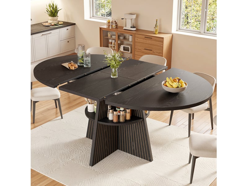  Table à manger extensible 110-150x110x76 cm, rangement ouvert, coins arrondis sur plateau épais, panneau aggloméré noir, destination salon  - Conforama B