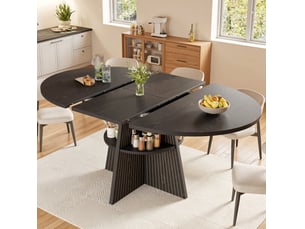 Table à manger extensible 110-150x110x76 cm, rangement ouvert, coins arrondis sur plateau épais, panneau aggloméré noir, destination salon