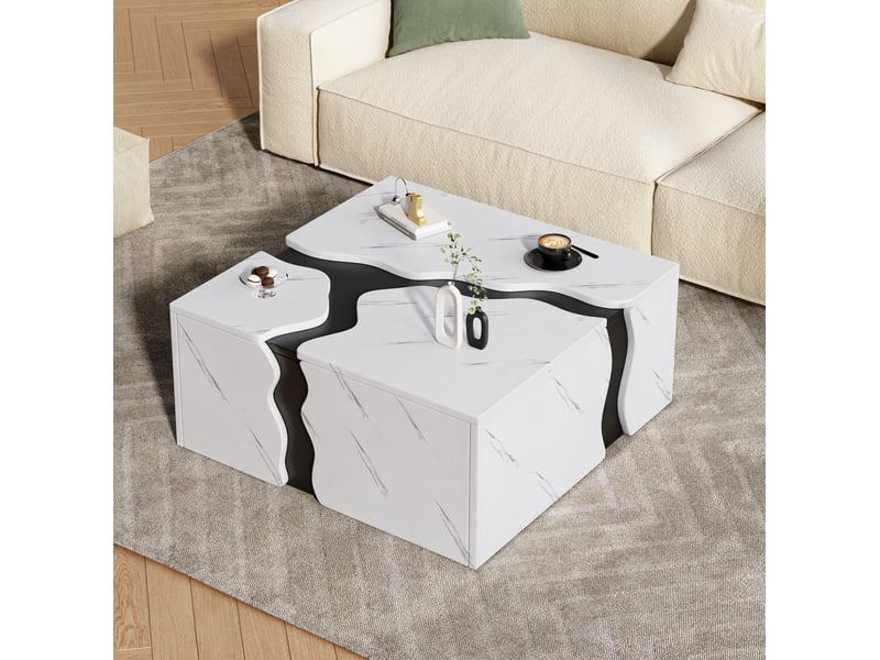 Table basse cubique avec 1 tiroir à ouverture par pression, finition aspect marbre blanc, pour salon, 70 × 70 × 31 cm - Conforama C