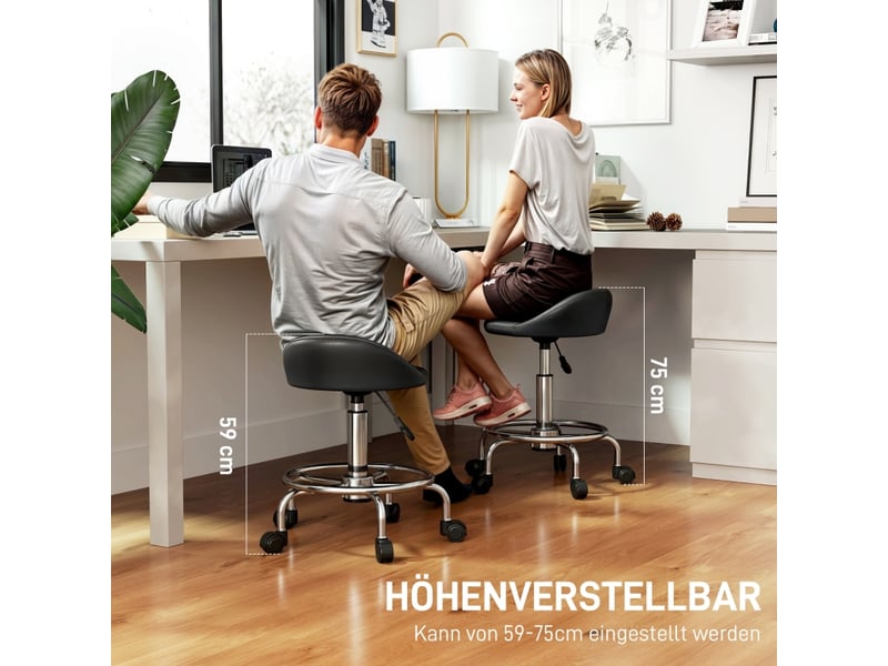  Tabouret de bureau à roulettes,59-75 cm,avec dossier,cuir reconstitué,noir  - Conforama E