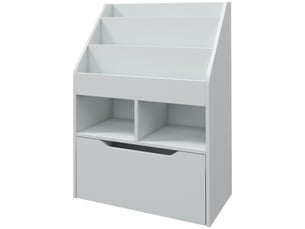 Bibliothèque enfant grise, tiroir, 3 étagères et 2 niches ouvertes, rangement, 60x29,9x90 cm