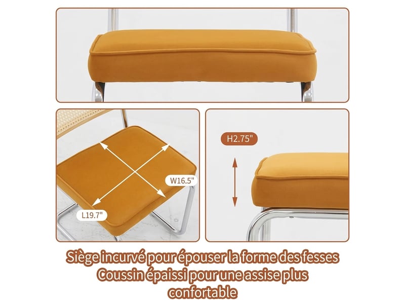  Lot de 2 chaises de salle à manger en velours orange, design moderne mid-century avec dossier rotin et pieds chromés  - Conforama D