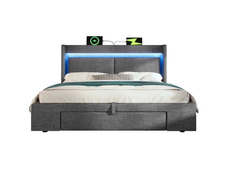  Lit coffre 140 × 200 cm 2 places avec led réglable, usb, type-c, tiroir et rangement, matelas inclus, gris  - Conforama A
