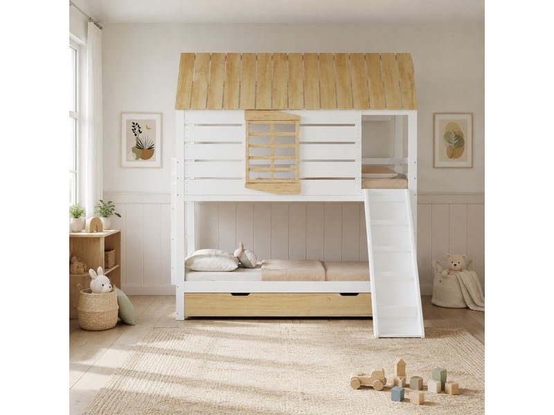 Lit superposé enfant 90x200, bois, en mdf, toboggan et lit gigogne en forme de maison, naturel et coloris blanc, sans matelas - Conforama B