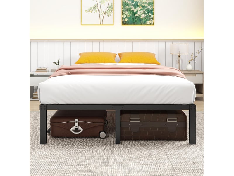  Lit double 140 × 200 cm en métal avec sommier à lattes silencieux et rangement sous le lit, chambre, noir  - Conforama D
