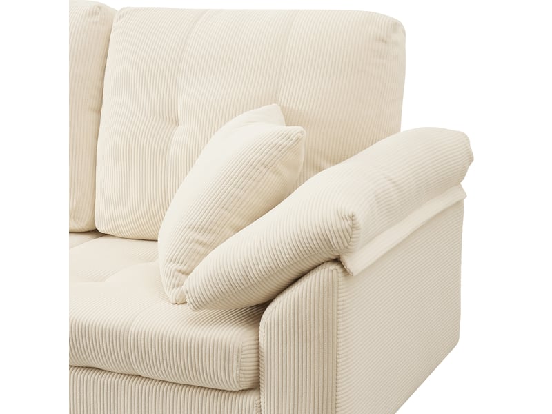  Canapé d'angle réversible 4 places 250 cm en velours côtelé beige clair, pouf mobile et pieds métal Fay Lum - Conforama E