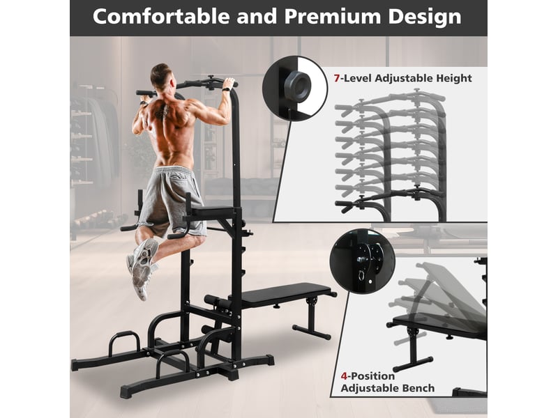  Tour de musculation multifonction avec barre de traction et banc, hauteur réglable 154 à 207 cm, noire  - Conforama D