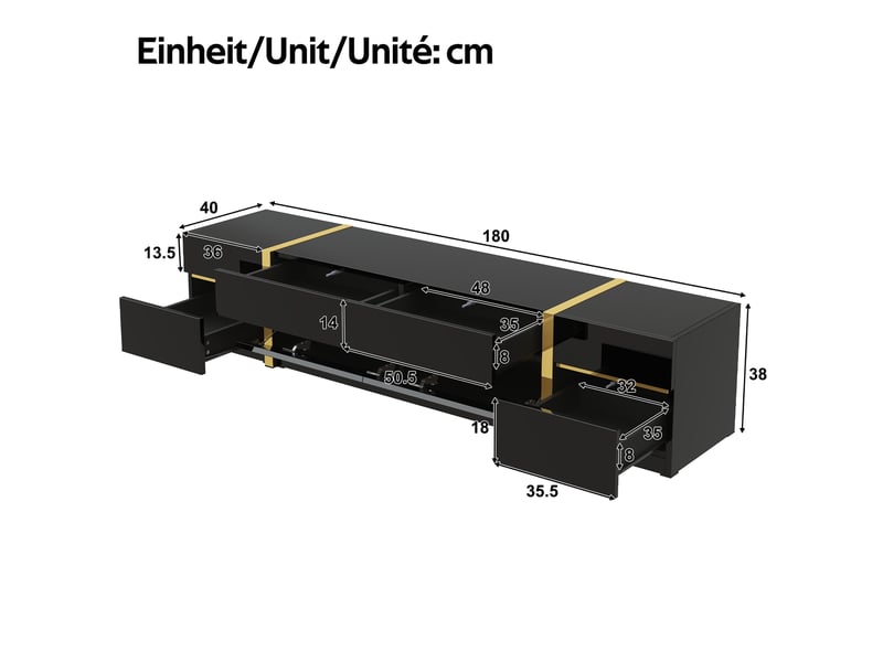 Meuble tv 180x40x38 cm en mdf et panneaux de particules avec 4 tiroirs et 2 portes noir chicfurn  - Conforama C