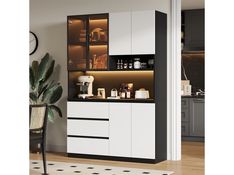  Buffet de cuisine haut led - 120.5x40x180cm - vitrine vaisselier 6 portes 3 tiroirs niche micro-ondes moderne - blanc et noir  - Conforama B
