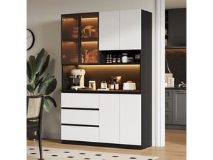 Buffet de cuisine haut led - 120.5x40x180cm - vitrine vaisselier 6 portes 3 tiroirs niche micro-ondes moderne - blanc et noir
