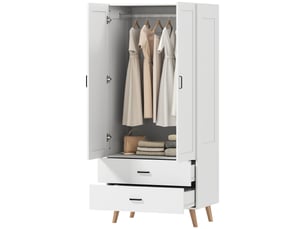 Armoire à 2 portes avec fermeture amortie, 2 tiroirs et tringle à vêtements, 80 x 54 x 180 cm, blanche