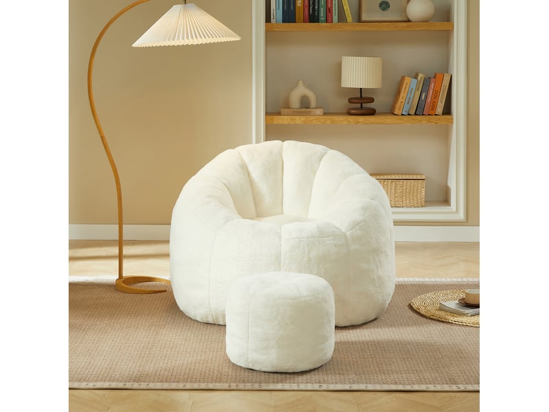  Fauteuil poire adulte fleur avec repose-pieds, 105 x 105 x 70 cm, crème  - Conforama E