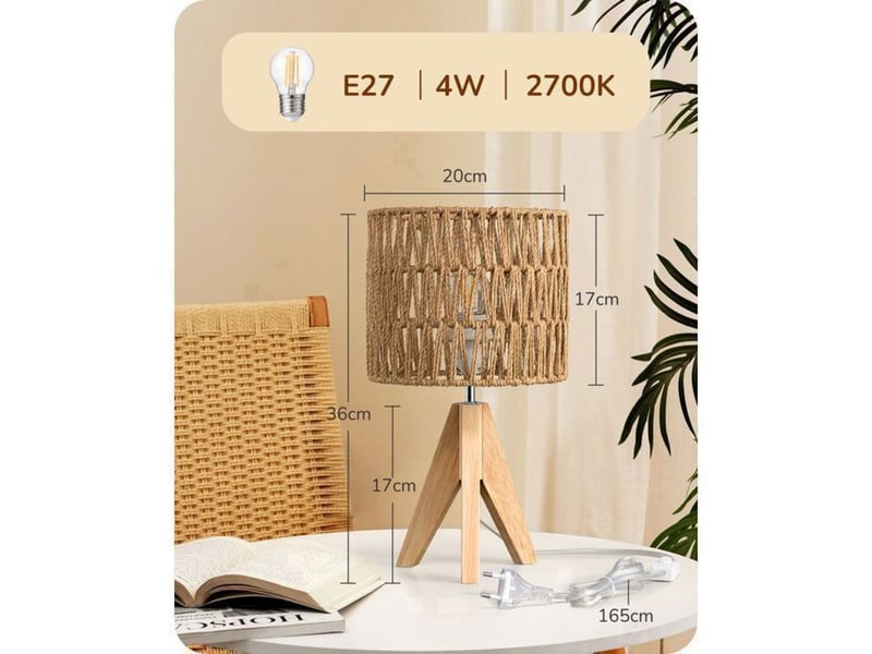  Lampe de chevet led trépied bois 2700k abat-jour corde tressée 4w e27 370618_AAAYP05970_6_DROPFR - Conforama D