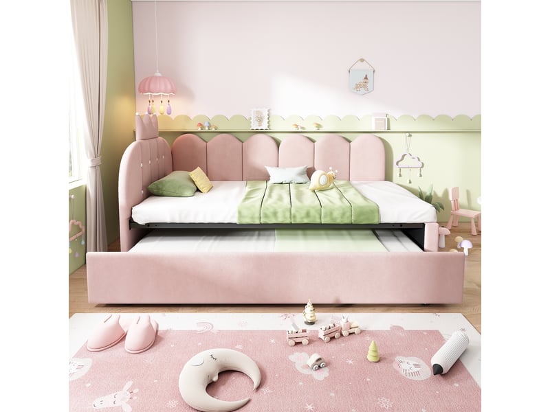  Canapé-lit de 90 × 200 cm, avec lit coulissant pouvant se transformer en lit d'appoint simple de 90 × 190 cm, forme en l, velours, rose  - Conforama B