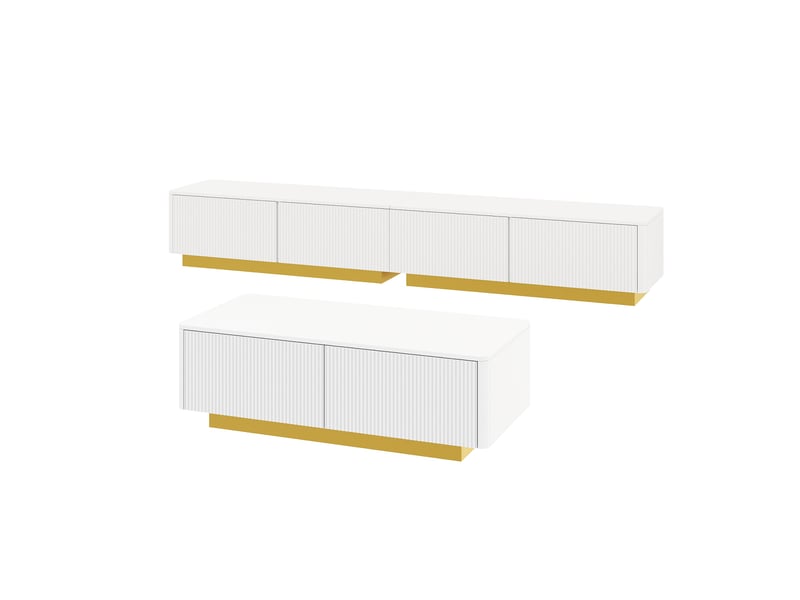  Meuble tv et table basse, ensemble 2 pièces avec rangements fermés, 200 x 40 x 35 cm, façades rainurées et socle doré, mdf, blanc Morn Vibe - Conforama E