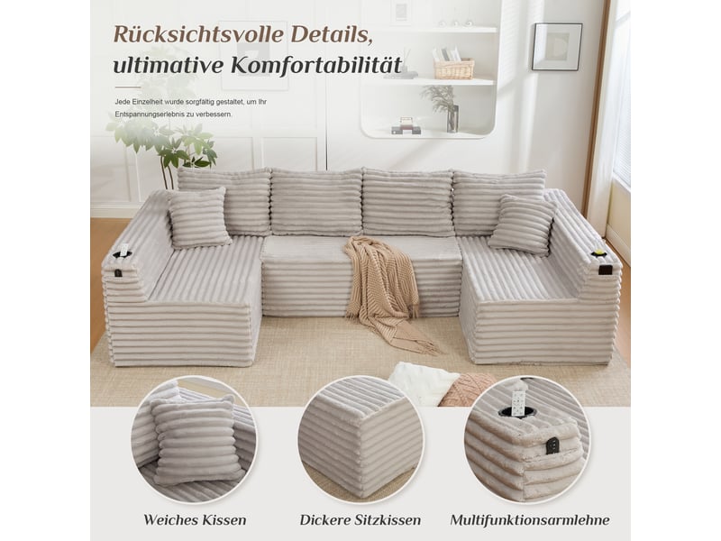  Canapé modulable en velours côtelé gris clair 320x155x88 cm, forme u, porte-gobelets, poches latérales, salon séjour 320x155x88cm - Conforama W