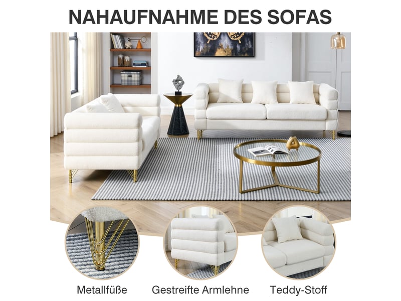 Canapé nuage blanc en tissu bouclette, 205,7 x 81 x 71 cm, pieds en métal doré, coussins décoratifs, dossier ondulé - Conforama E