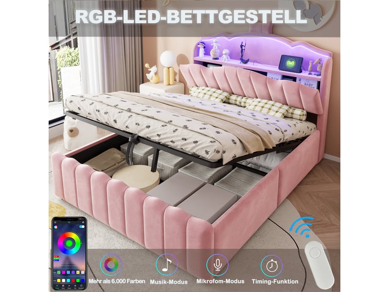  Lit coffre 2 places 140x200 cm - lit avec rangement hydraulique, tête de lit led, usb et usb-c - velours - rose  - Conforama E