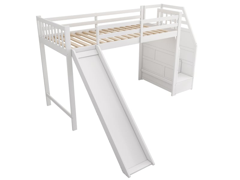 Lit mezzanine enfant avec toboggan, échelle modulable et barrière amovible, blanc, 90x200 cm - Conforama D