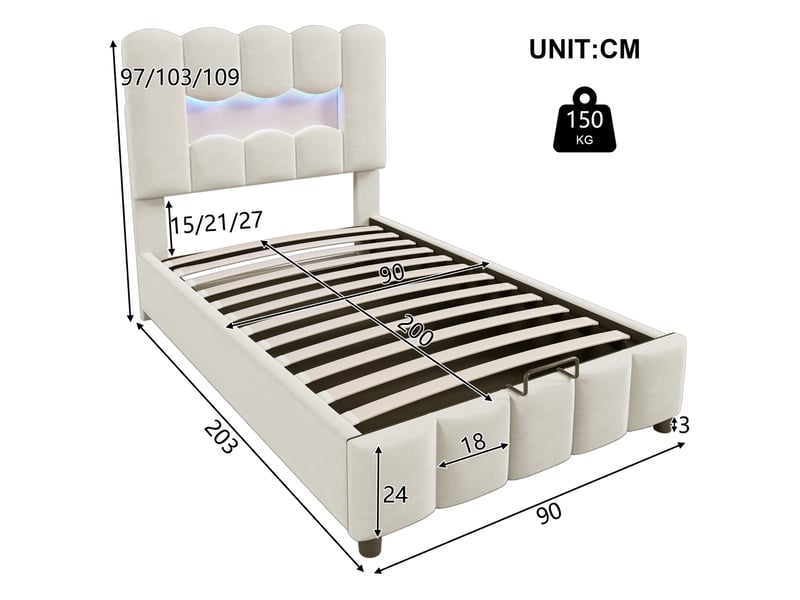  Lit rembourré 90 x 200 cm sans matelas, éclairage led, coffre hydraulique, tête réglable, velours beige  - Conforama B