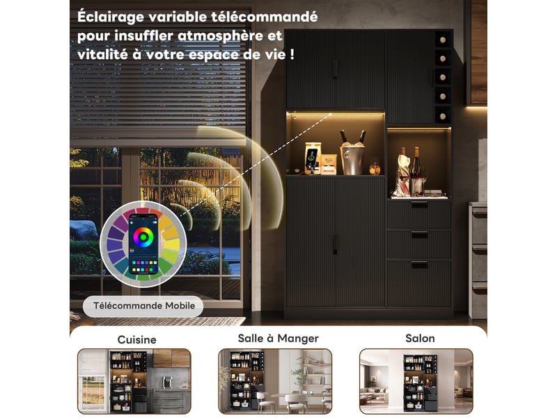  Meuble de cuisine muvano, buffet de cuisine haut noir avec 3 tiroirs et éclairage led  - Conforama E