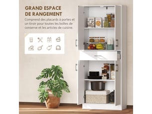Buffet haut armoire de cuisine 4 portes 2 placards et 1 tiroir central hauteur 180 cm avec 2 réglables étagères blanc