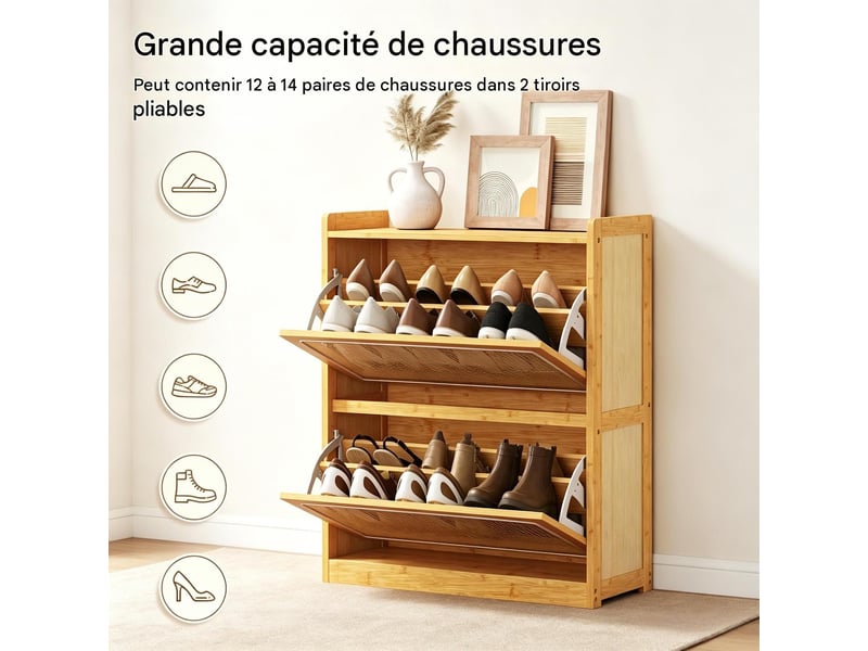  Meuble à chaussures 2 portes abattantes bambou et rotin pe 69x29x83 cm  - Conforama D