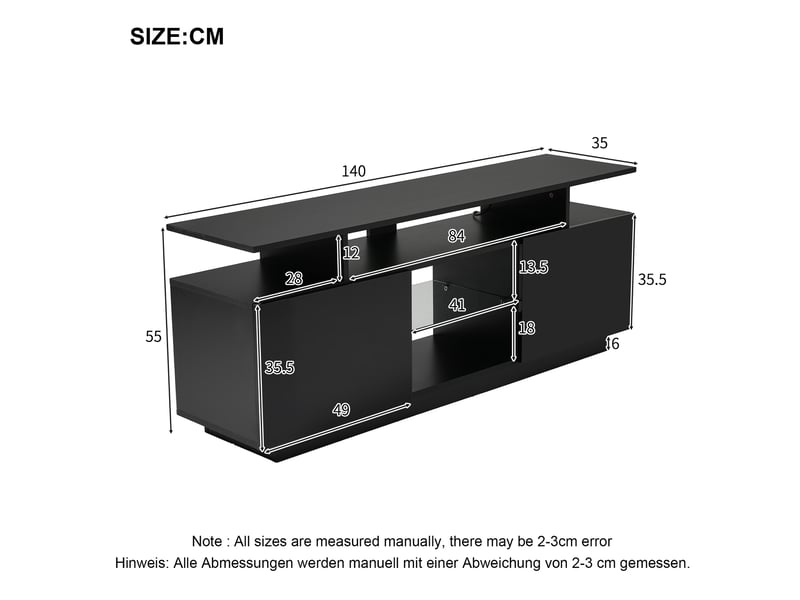  Meuble tv noir avec led 16 couleurs 140 cm, portes haute brillance et niche en verre pour tv jusqu'à 60 pouces  - Conforama C
