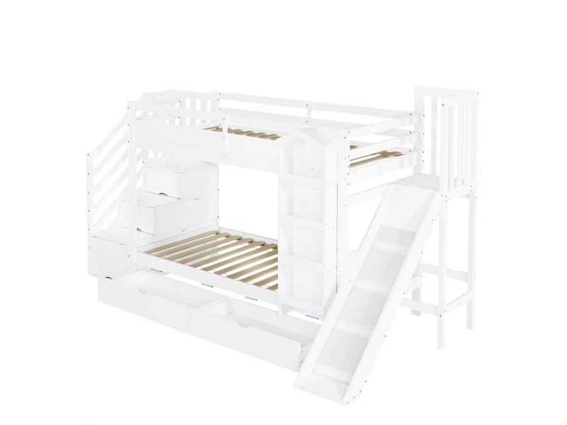 Lit superposé enfant 2 × 90 × 200 cm avec toboggan, escalier rangement et 2 tiroirs, blanc IKSETERA TRADING LTD - Conforama R
